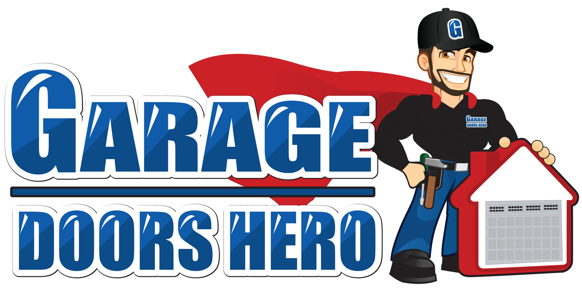 The logo for garage doors hero shows a man in a cape holding a house.