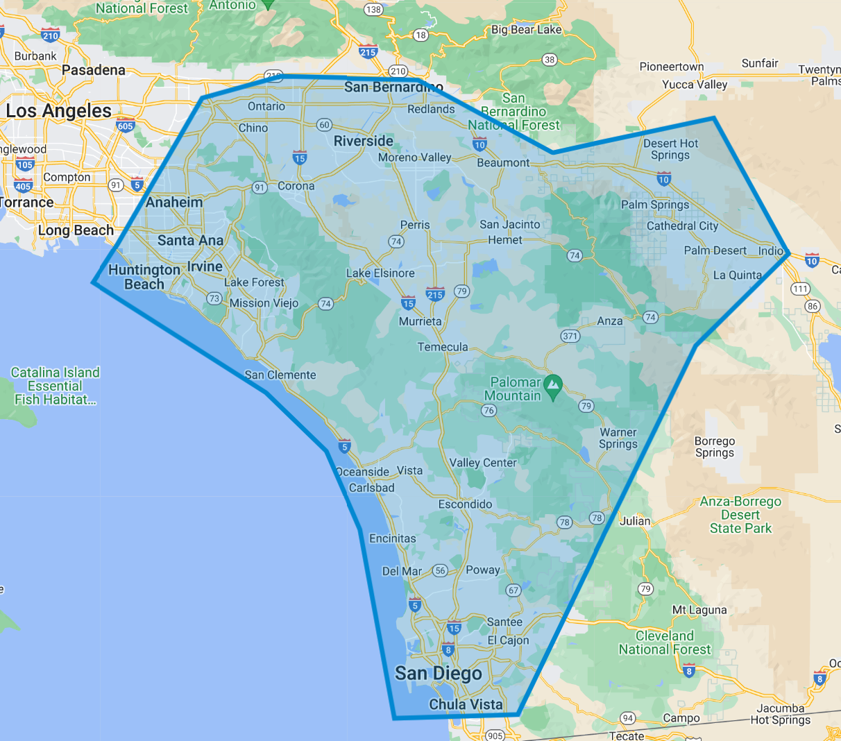 A map of california with a blue circle around san diego