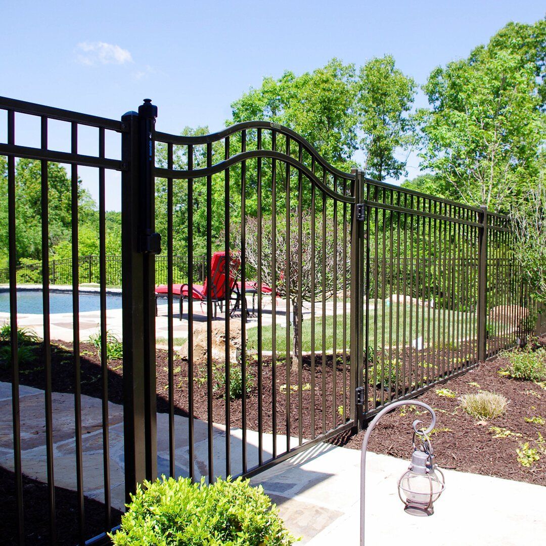 A wrought iron fence surrounds a swimming pool in a backyard.