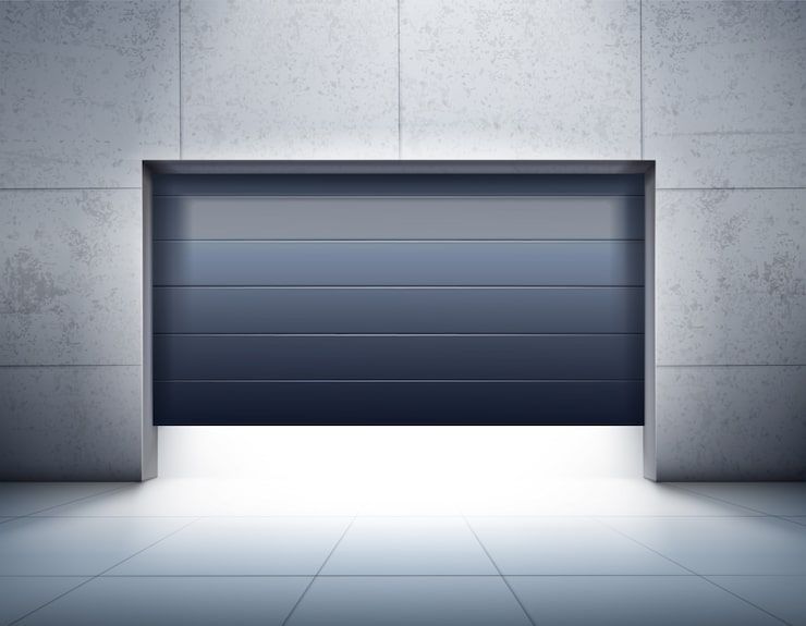 Gray garage door partially open, set in a gray concrete wall, revealing a bright white interior.
