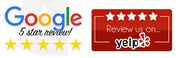 A google 5 star review and yelp review us on logos