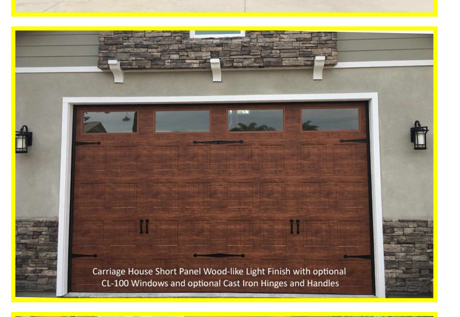 A picture of a garage door with a stone wall behind it
