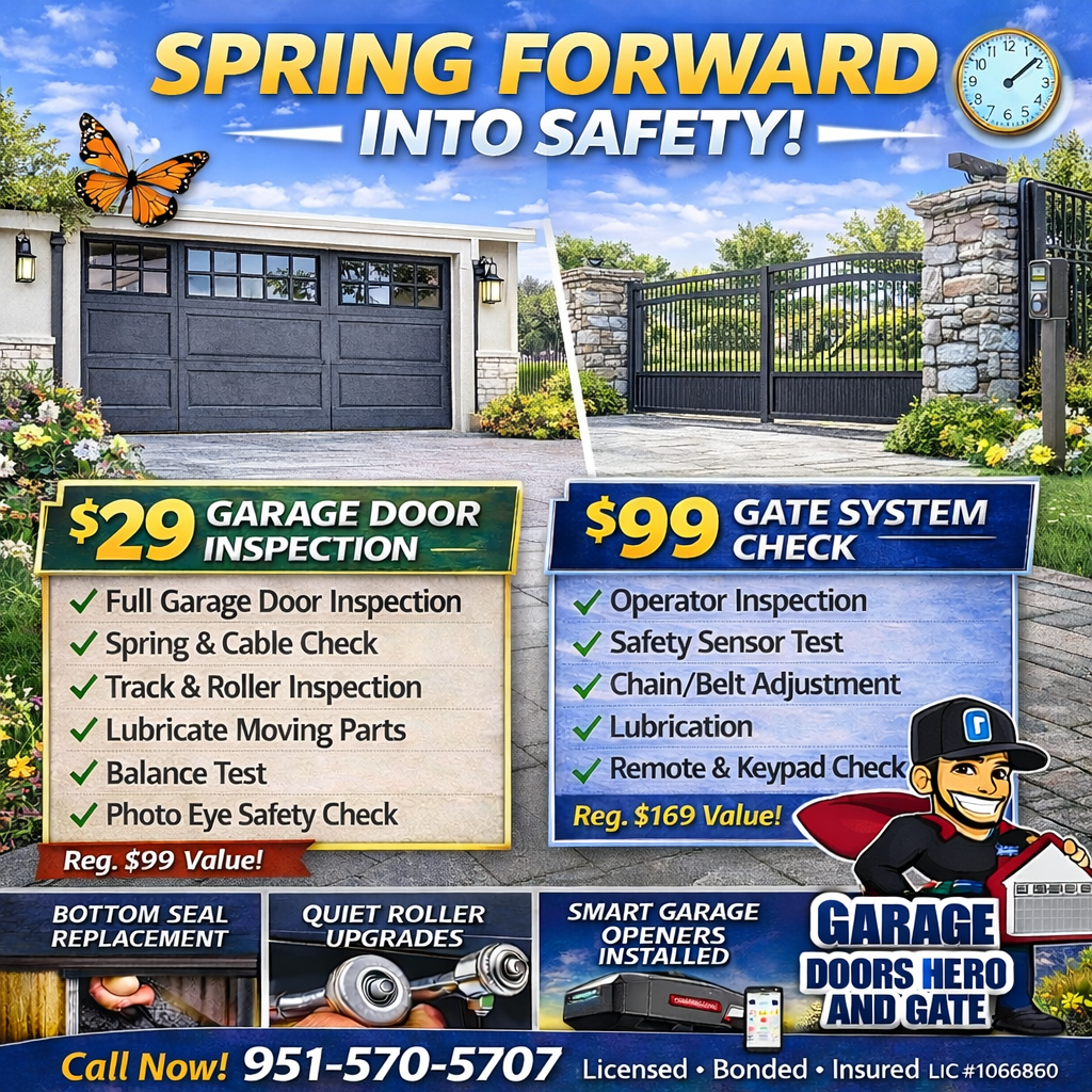 Promotional flyer for Garage Doors Hero and Gate, offering a $29 garage door inspection and $99 gate system check.