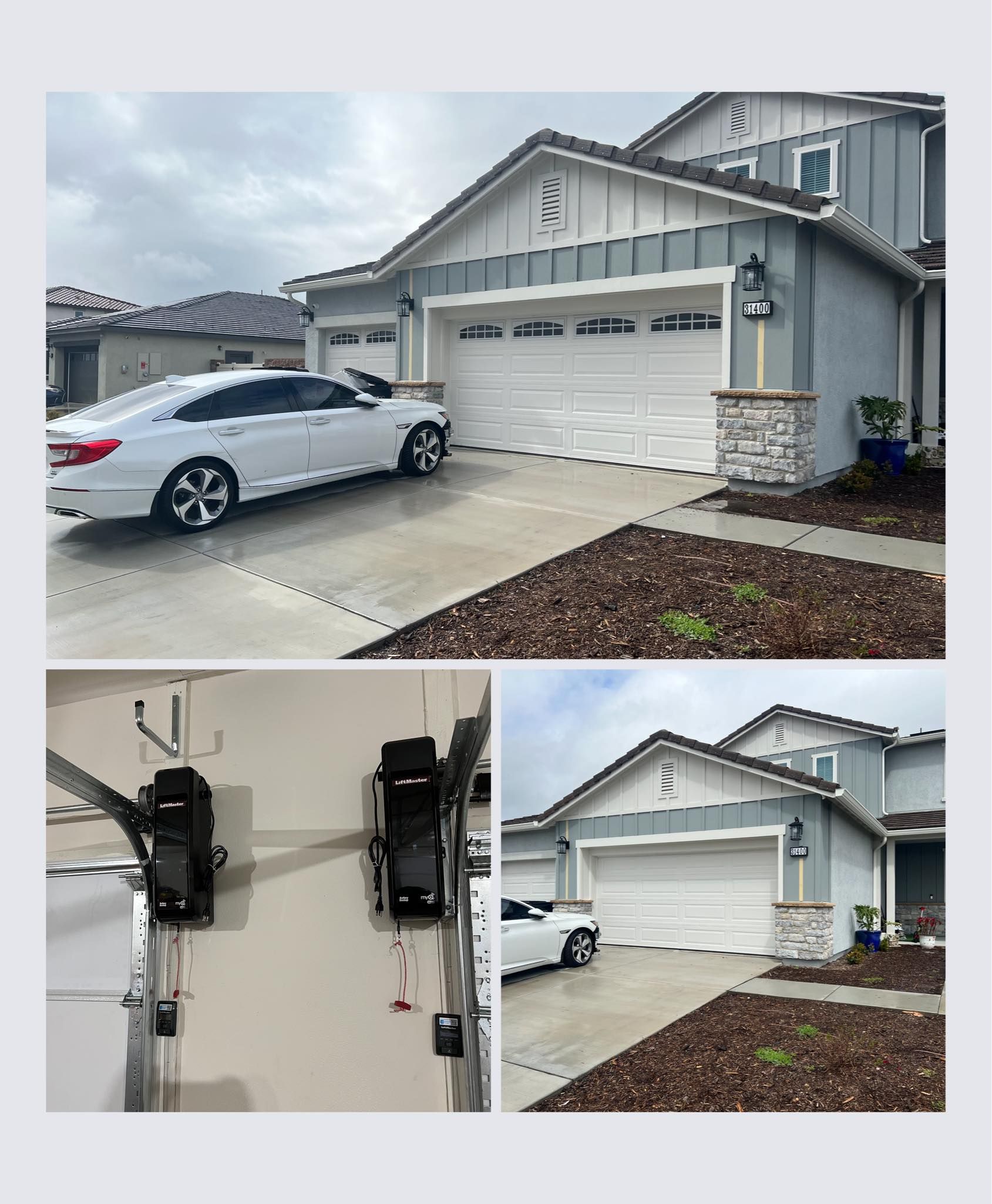A white car is parked in front of a house with a garage door open.