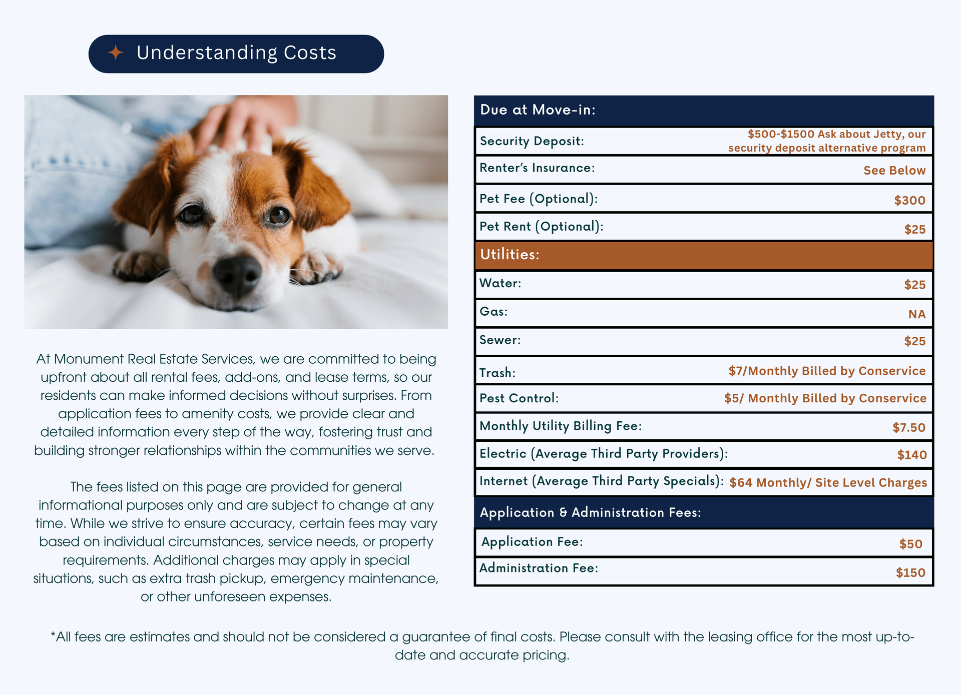 Dog lying down with fee information table.