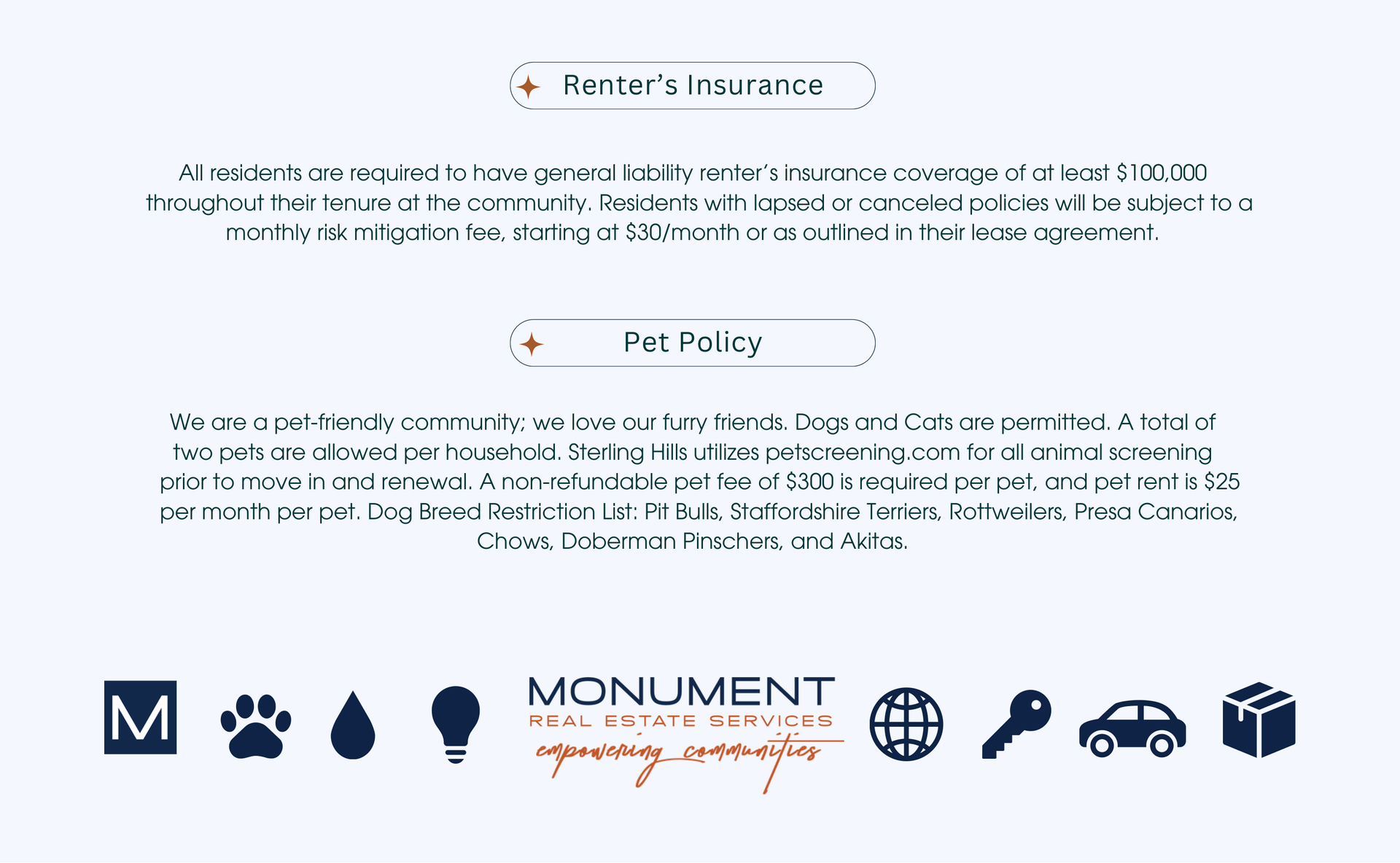 Text about renters insurance and pet policy, along with logos and the Monument logo.
