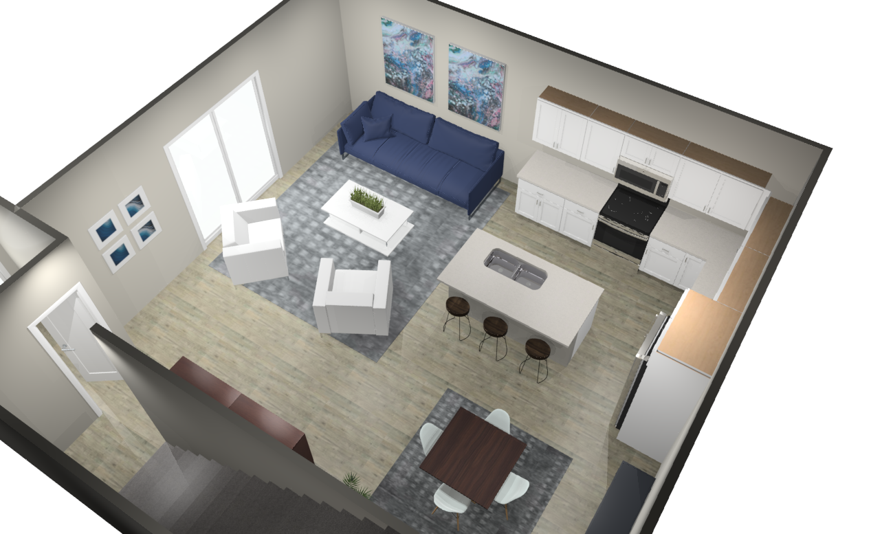 2 bedroom 2nd floor living room and kitchen floor plan from top of stairs