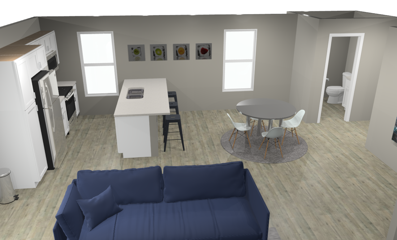 3 bedroom living room and kitchen floor plan alternate angle