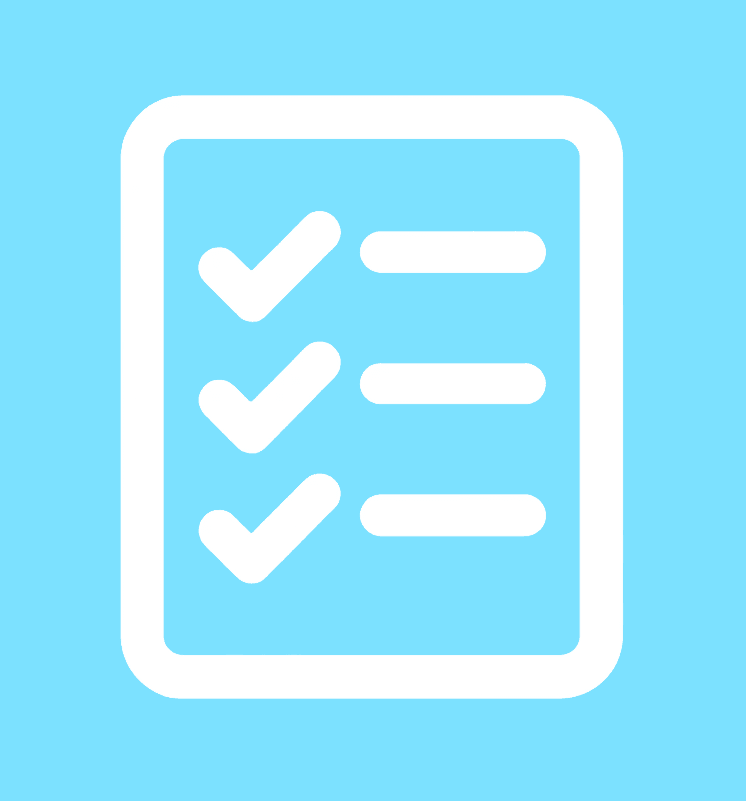 A white checklist icon with three checkmarks on a light blue square background.