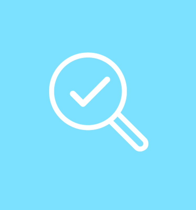 A white magnifying glass icon with a checkmark inside, centered on a solid light blue background.