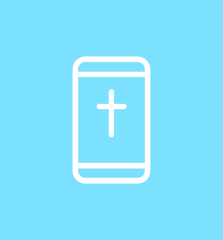 A white line-art icon of a smartphone with a Christian cross centered on the screen
