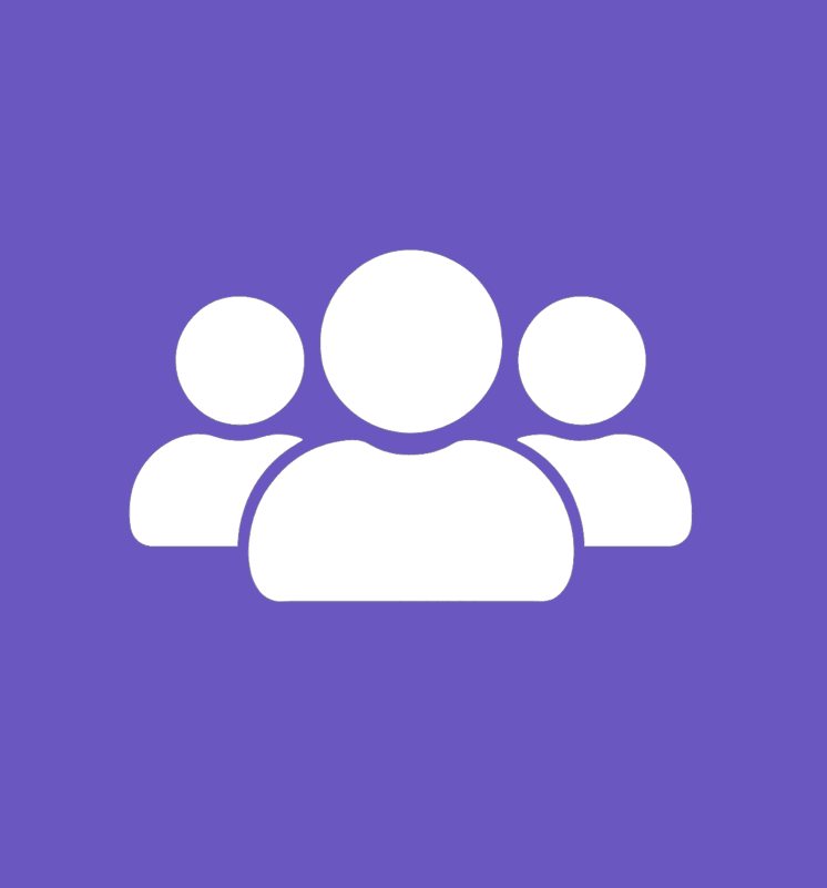 A white icon of three stylized people standing together against a solid purple square background.