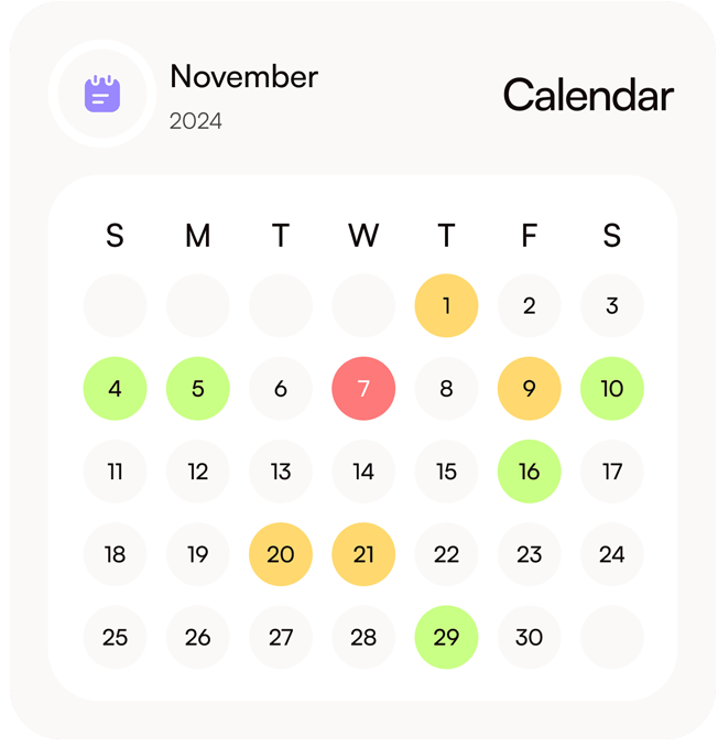 A November 2024 calendar grid with specific dates highlighted in yellow, light green, and red circles.