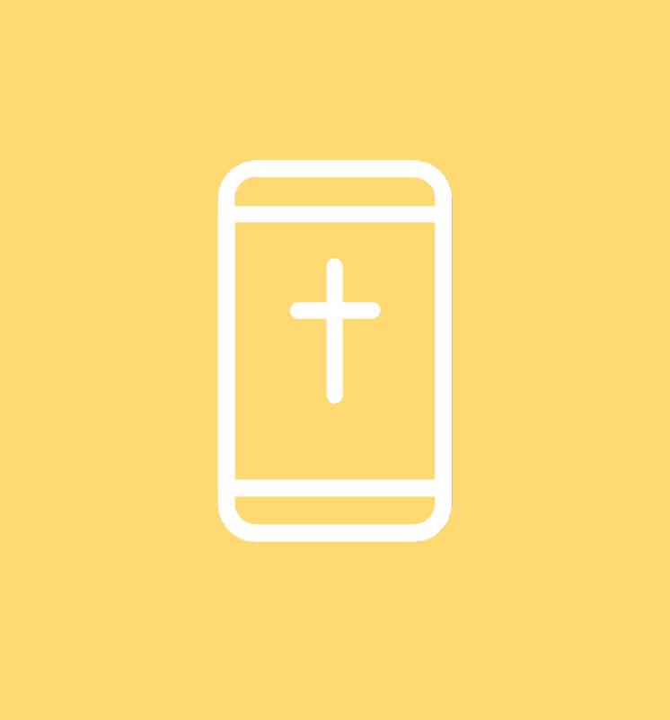 A white, thin-line icon of a smartphone displaying a Christian cross on a solid yellow background.