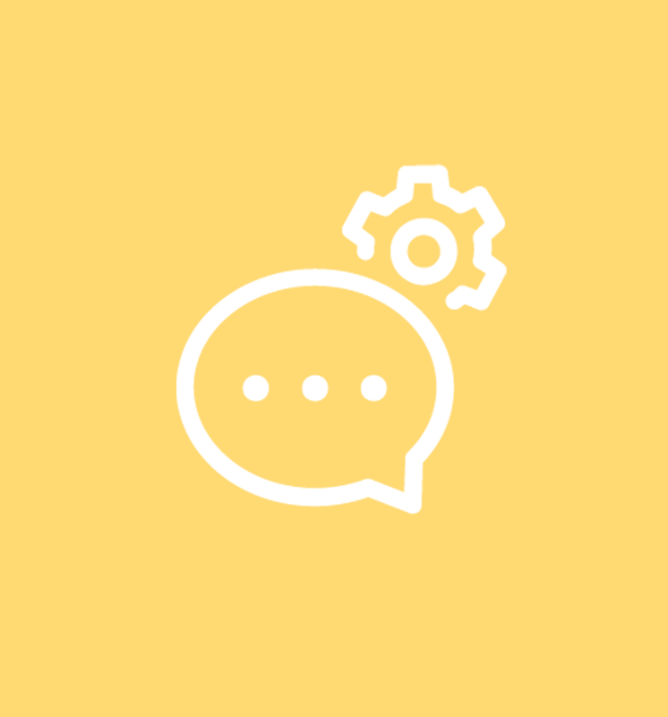 A white icon of a speech bubble with three dots inside and a gear symbol above it, set against a solid yellow background.