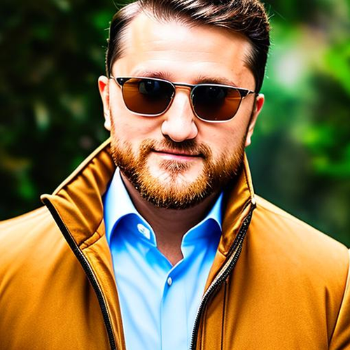 A person with a beard wearing sunglasses, a bright blue collared shirt, and a tan jacket against a blurred green background.