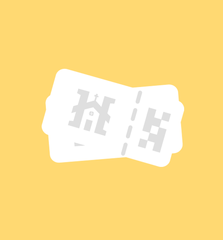 Two white rectangular tickets with a house icon and a QR code, displayed against a solid yellow background.