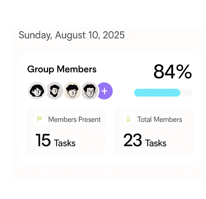 Dashboard for Sunday, August 10, 2025, showing 84% completion, with 15 of 23 tasks finished and group member avatars.