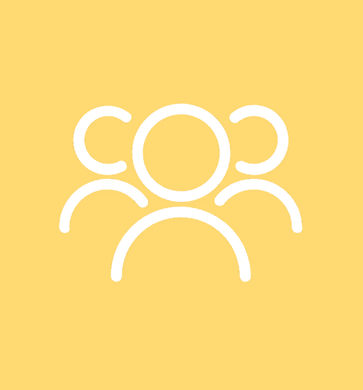 White icon of three stylized people symbols arranged in a group on a yellow background.