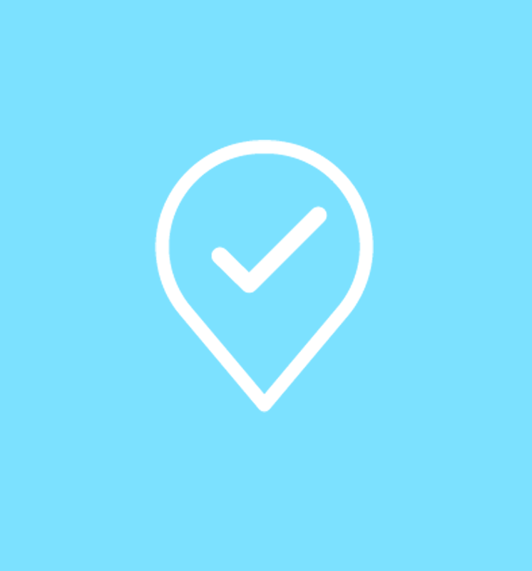A white location pin icon with a checkmark inside, centered on a solid light blue square background.