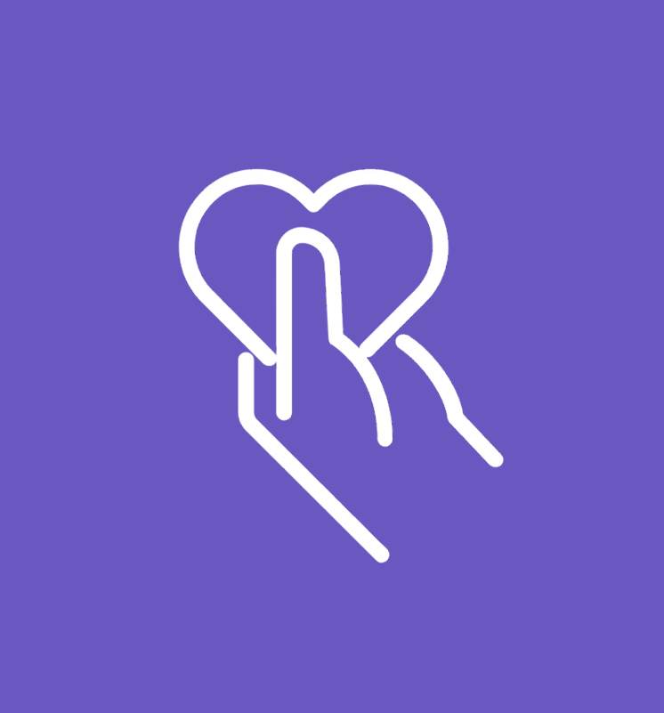 A white line-art icon of a hand holding a heart, set against a solid purple square background.