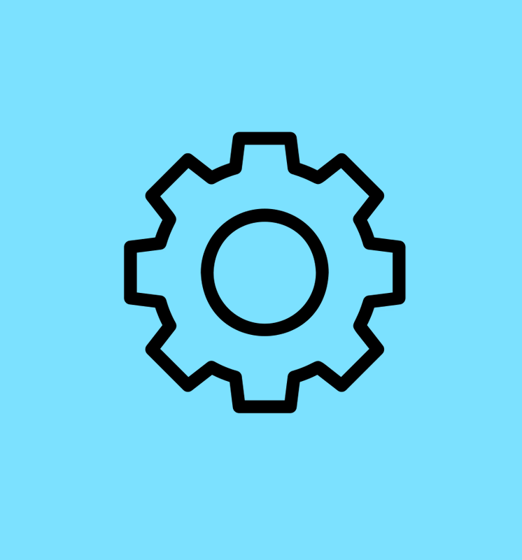 A black gear icon centered on a light blue square background.