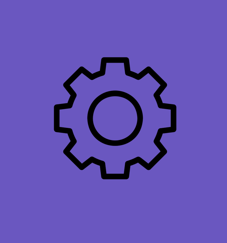 A black gear icon centered on a purple background.