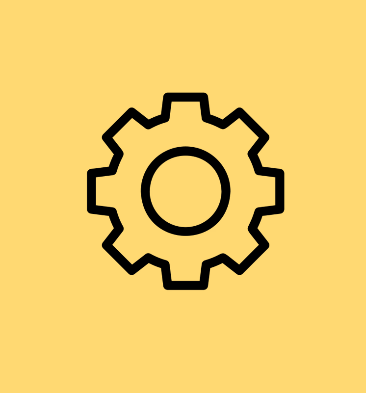 Black outline of a gear icon centered on a solid yellow background.