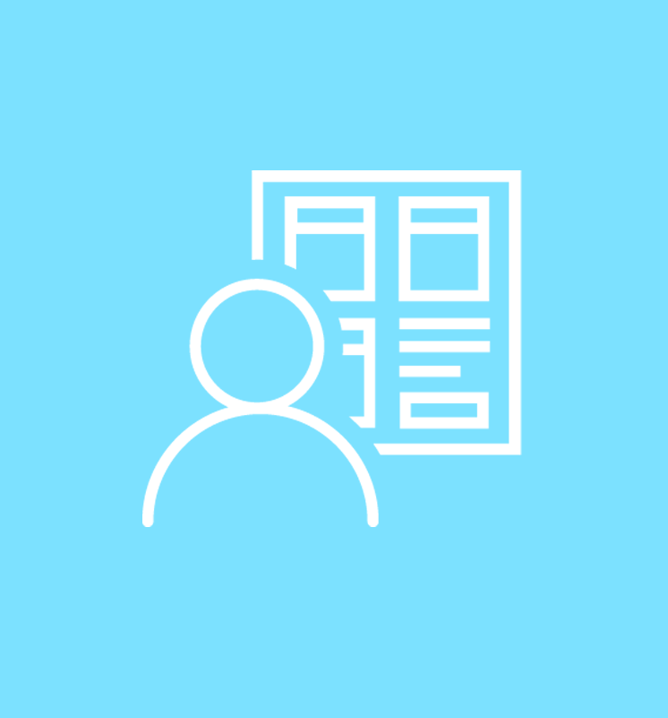 A white line-art icon of a person standing in front of a grid-style document on a light blue background.