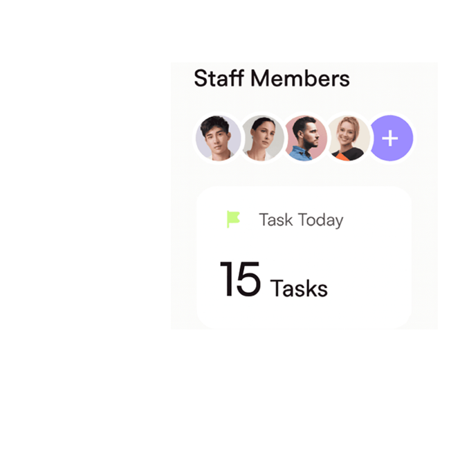 A dashboard widget displaying a list of four staff members, a plus button, and a task count of 15 for today.