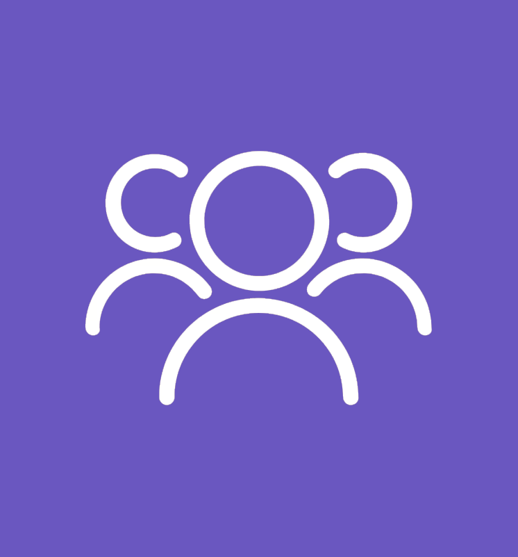 A white icon of three stylized human figures on a purple background, representing a group or team.
