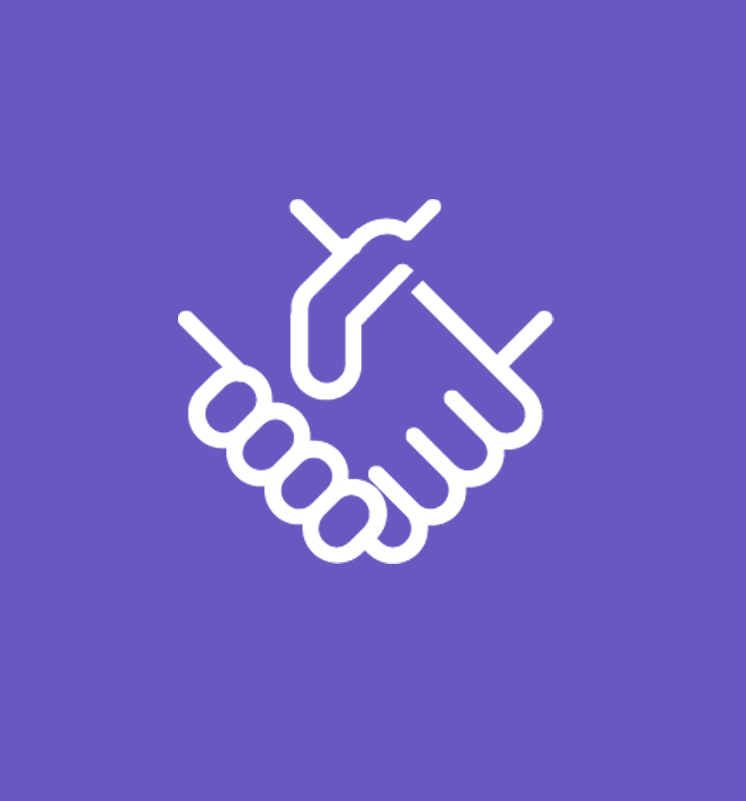 A white line-art icon of two hands shaking against a solid purple background.
