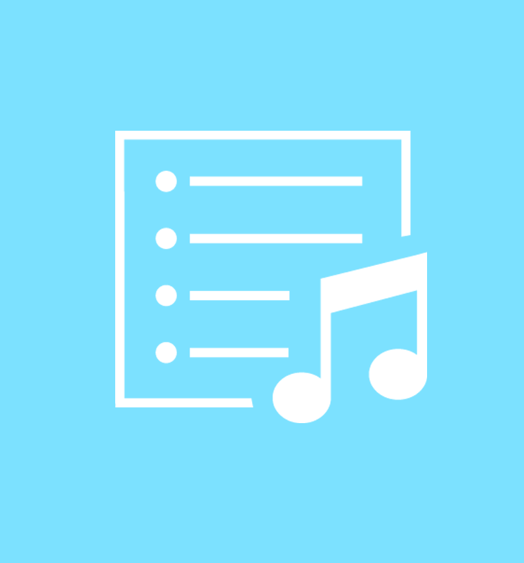 A white icon of a music note in front of a list on a light blue square background.