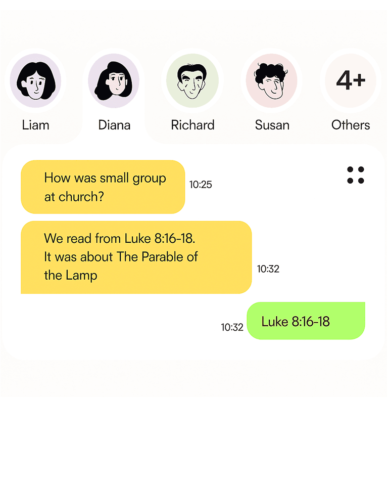 A group chat interface showing a conversation about a church small group discussion on Luke 8:16-18, the Parable of the Lamp.