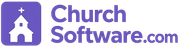 The logo for ChurchSoftware.com featuring a purple square icon with a white church building inside next to the brand name.