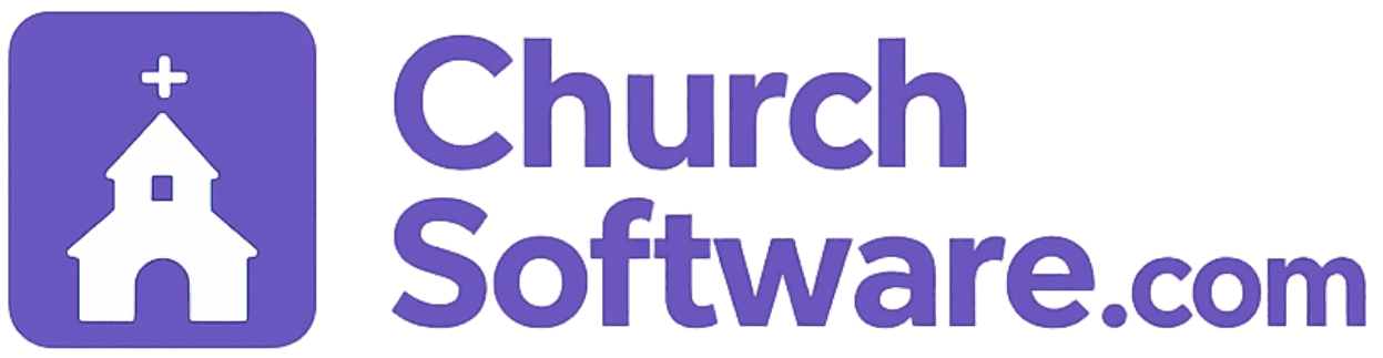 The logo for ChurchSoftware.com featuring a purple square icon with a white church building inside next to the brand name.