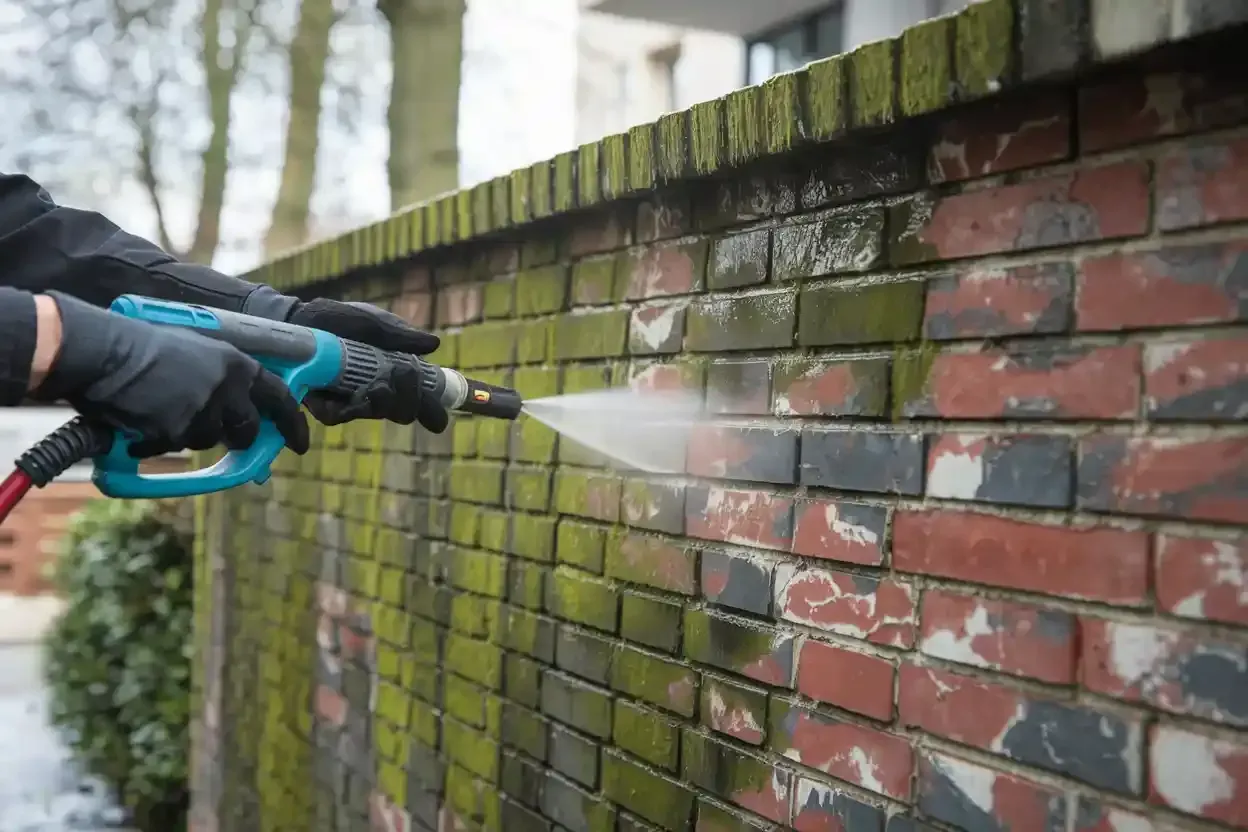 A person is cleaning a brick wall with a high pressure washer.