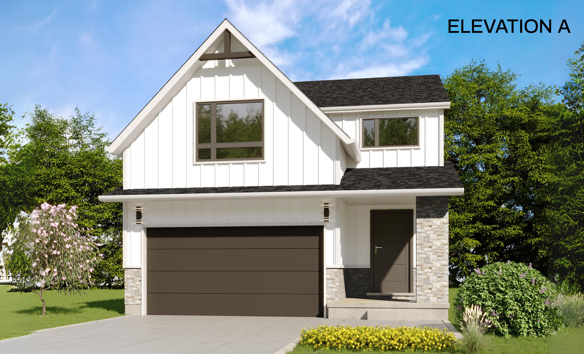an artist 's impression of a house with a black roof and a brown garage door .