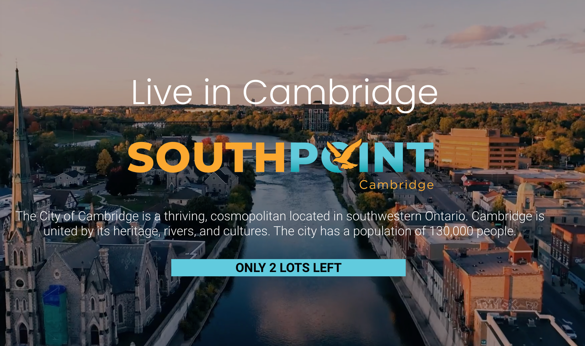 An aerial view of a city with the words `` live in cambridge southpoint '' written on it.