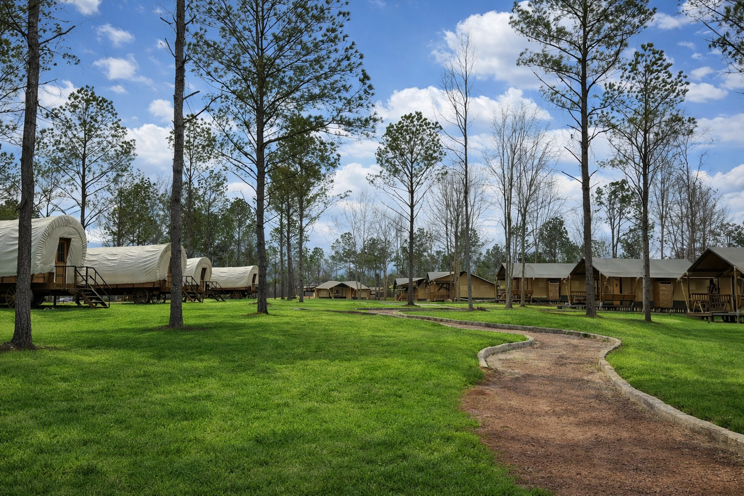 Covered wagons and cabin-style lodgings arranged on a grassy meadow under a blue sky with a winding gravel path.