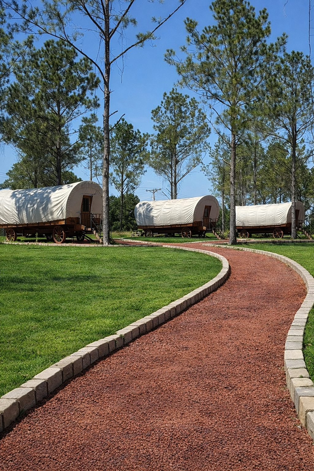 Three covered wagons sit on a grassy lawn beside a winding red gravel path lined with stones, under a line of tall trees.