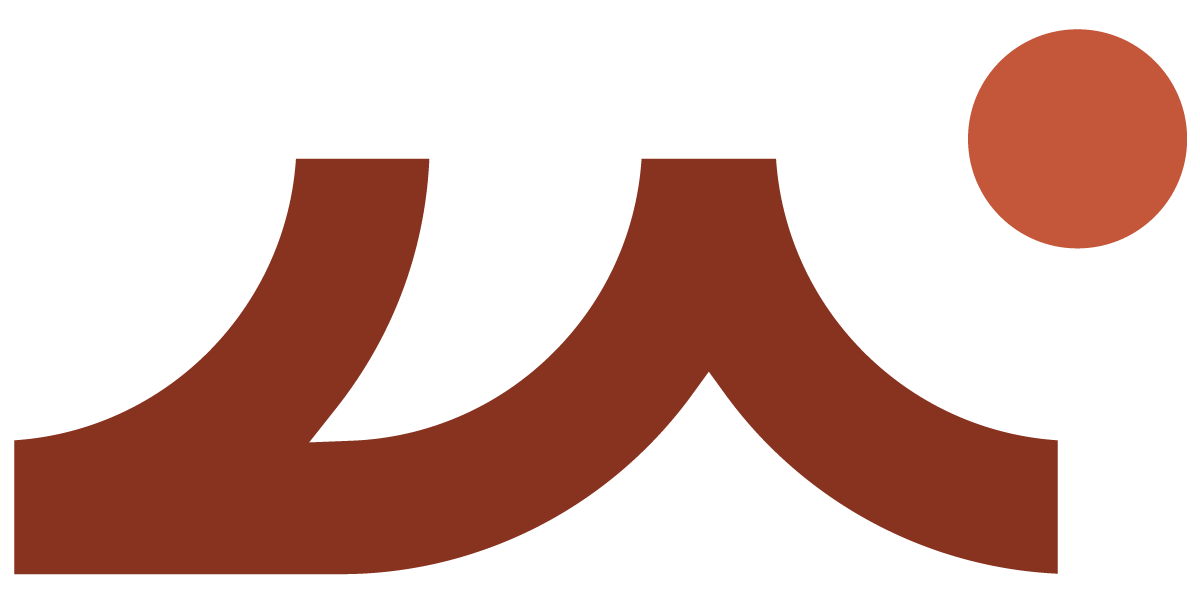 A stylized, dark orange logo featuring a mountain-like shape with two curves and a separate circular dot to the right.