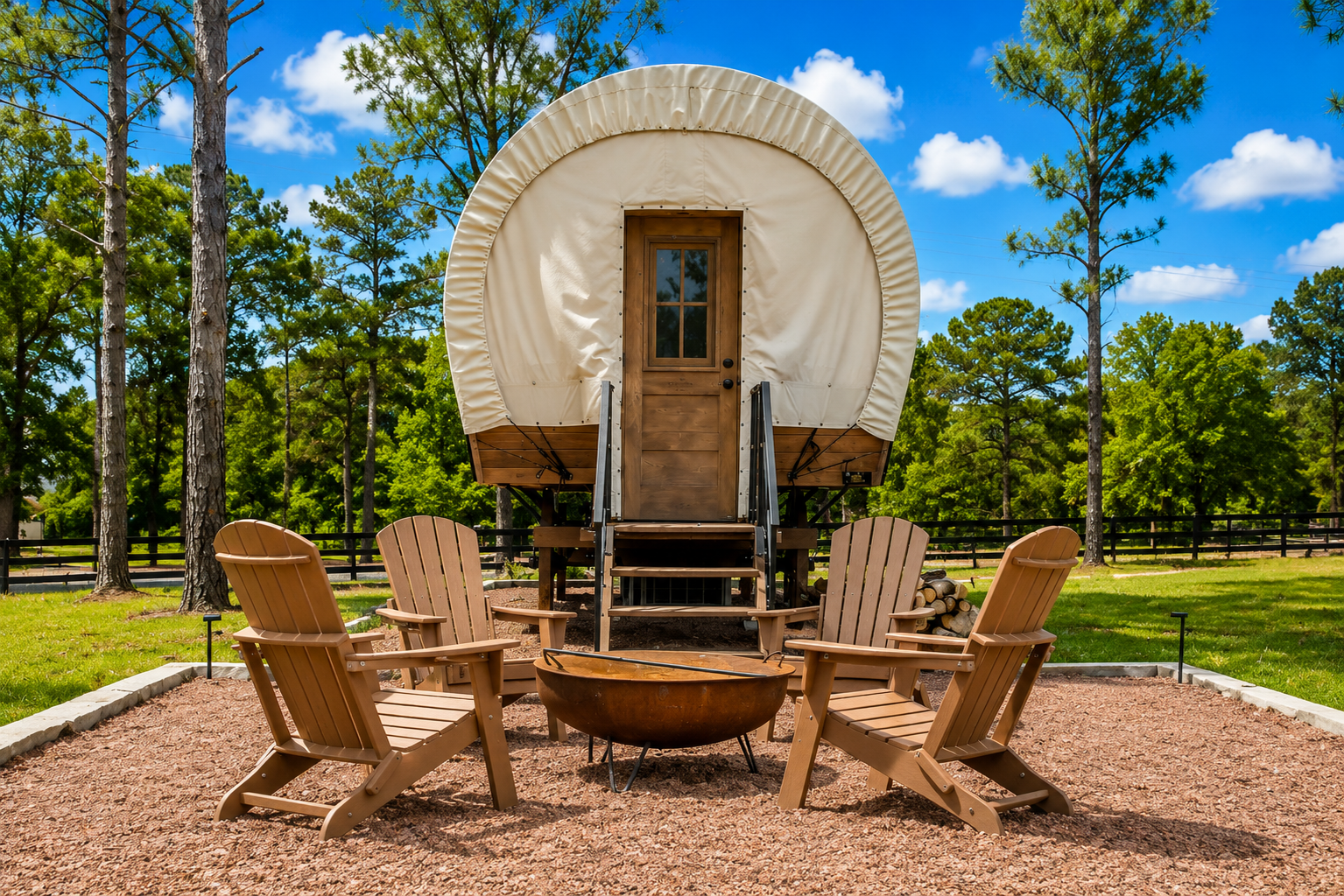 Front of Conestoga wagon with firepit and four outdoor chairs around it at Clay Cosmos glamping resort in Lumpkin, Georgia.