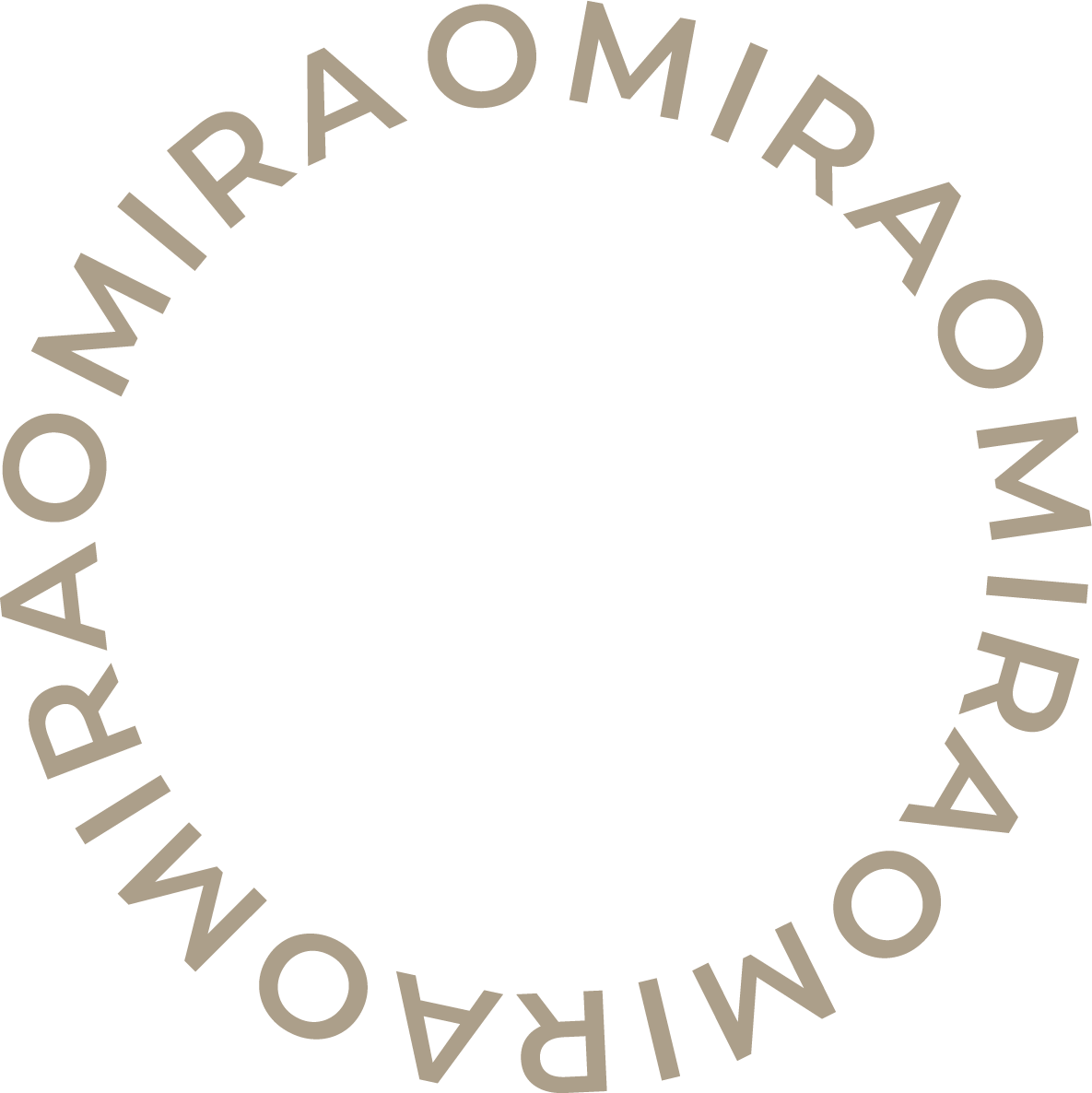 Circular beige text reading “MIRAOMIRAO” on a white background.