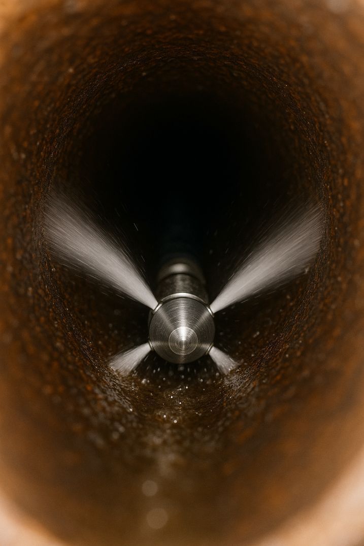 Hydro-jet cleaning head spraying water inside a rusty pipe.