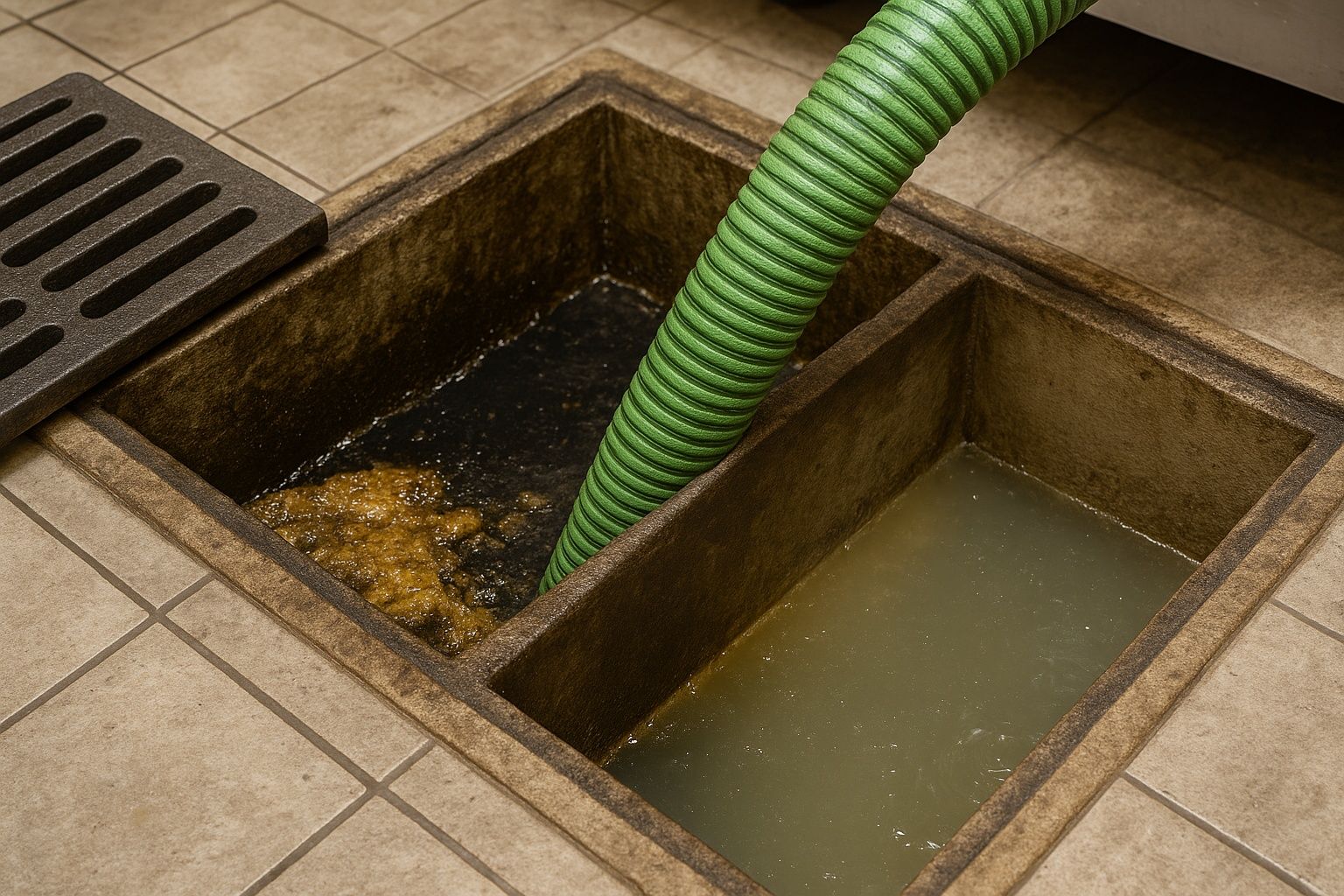 A commercial grease trap being cleaned. A green hose extends into a compartment with dirty water and debris.