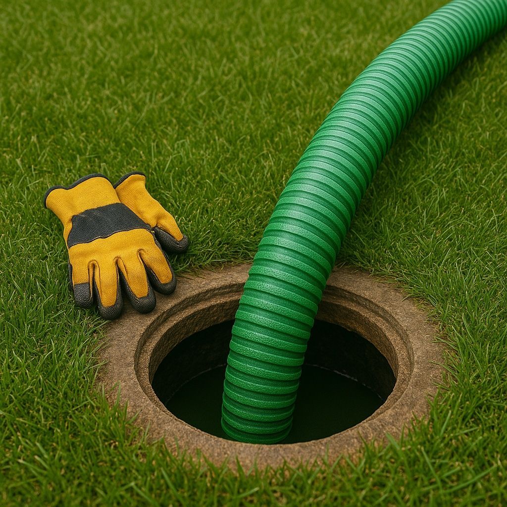 Green hose extending into a manhole in a grassy lawn, with yellow work gloves resting nearby.