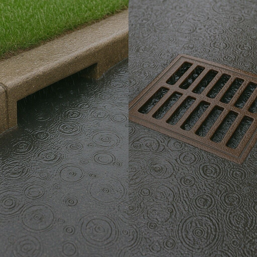 Raindrops create concentric circles on wet asphalt near a curb and a storm drain during rainfall.