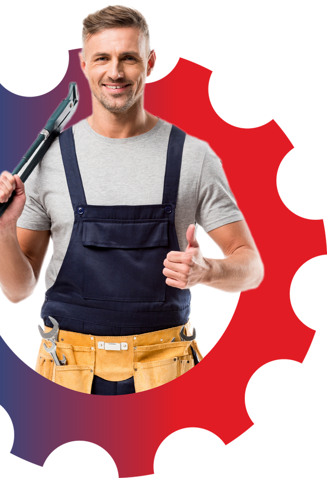 a man in overalls is holding a wrench and giving a thumbs up .