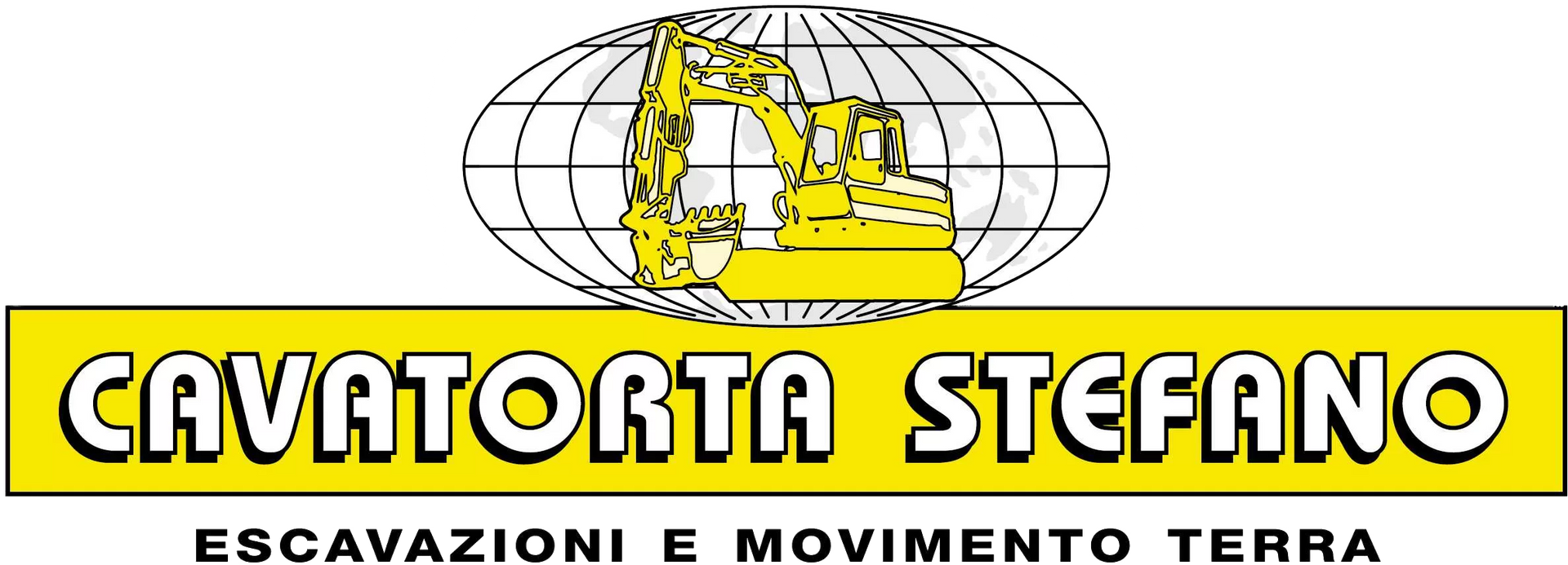 Logo aziendale per Cavatorta Stefano con l'illustrazione di un escavatore giallo sopra un globo e il nome dell'azienda su uno striscione giallo.